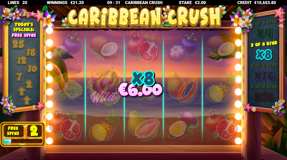 Caribbean Crush Free Spins feature in play with multipliers active