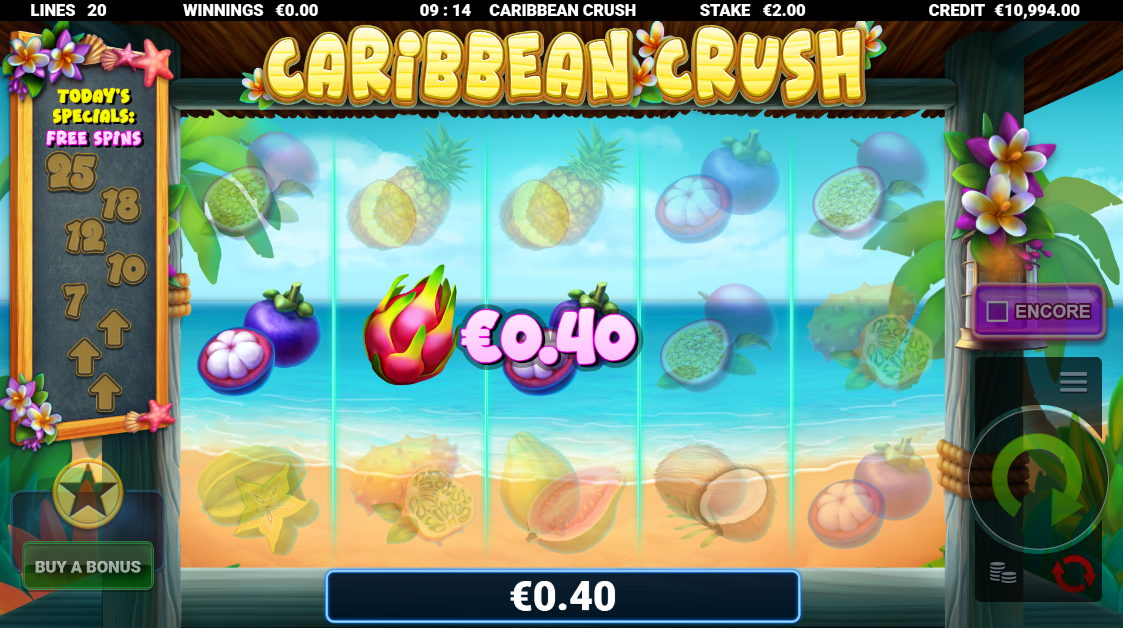 Caribbean Crush 20 fixed paylines layout