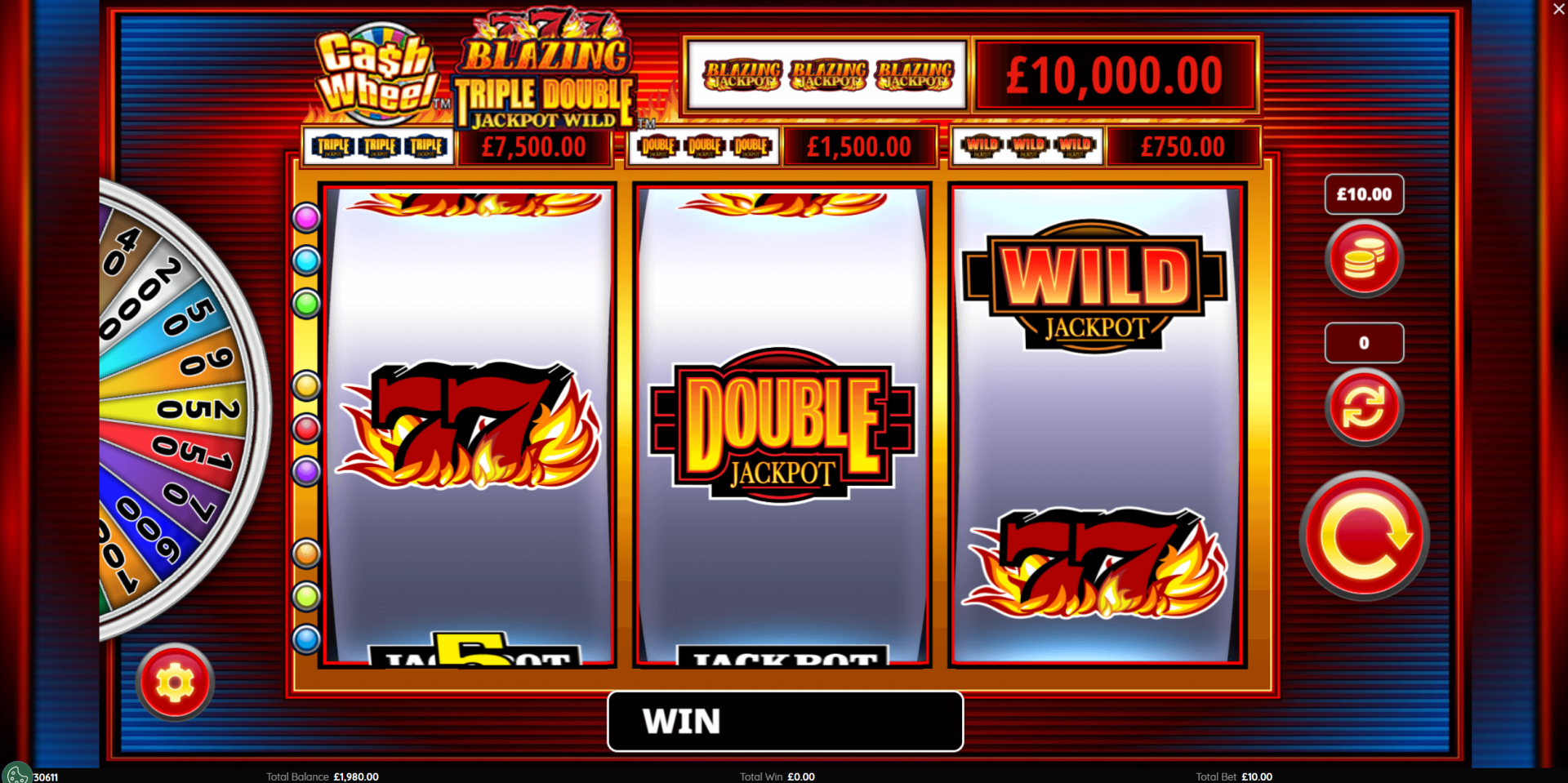 Cash Wheel Blazing 777 Triple Double Jackpot Wild base game showing 3-reel stepper layout