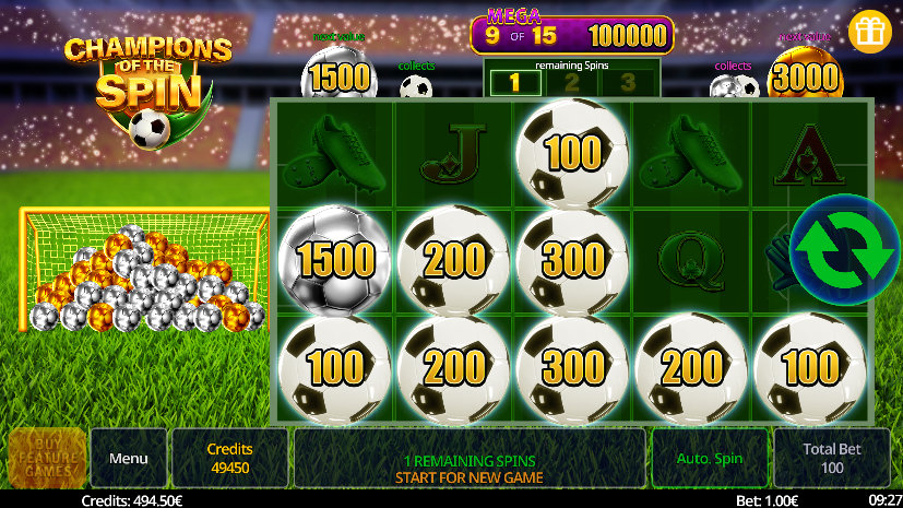 Champions of the Spin Football Feature bonus round with sticky football symbols and multipliers
