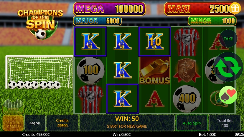 Champions of the Spin showing 50 paylines paytable layout