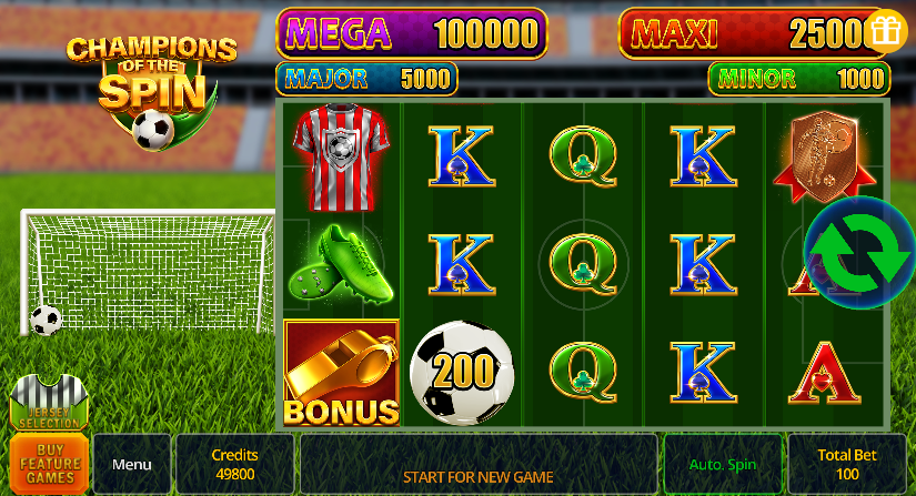 Champions of the Spin base game showing 5x3 football-themed grid with jackpot display