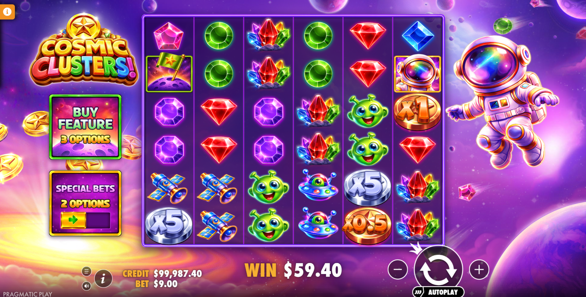 Cosmic Clusters base game - 6x6 grid with cluster pays mechanic and money symbols