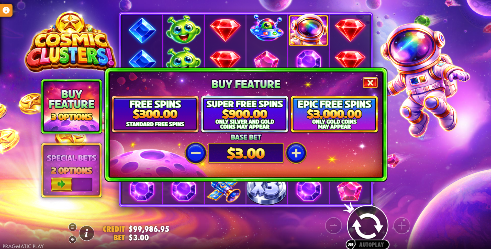 Cosmic Clusters Buy Feature options showing Free Spins, Super Free Spins and Epic Free Spins costs
