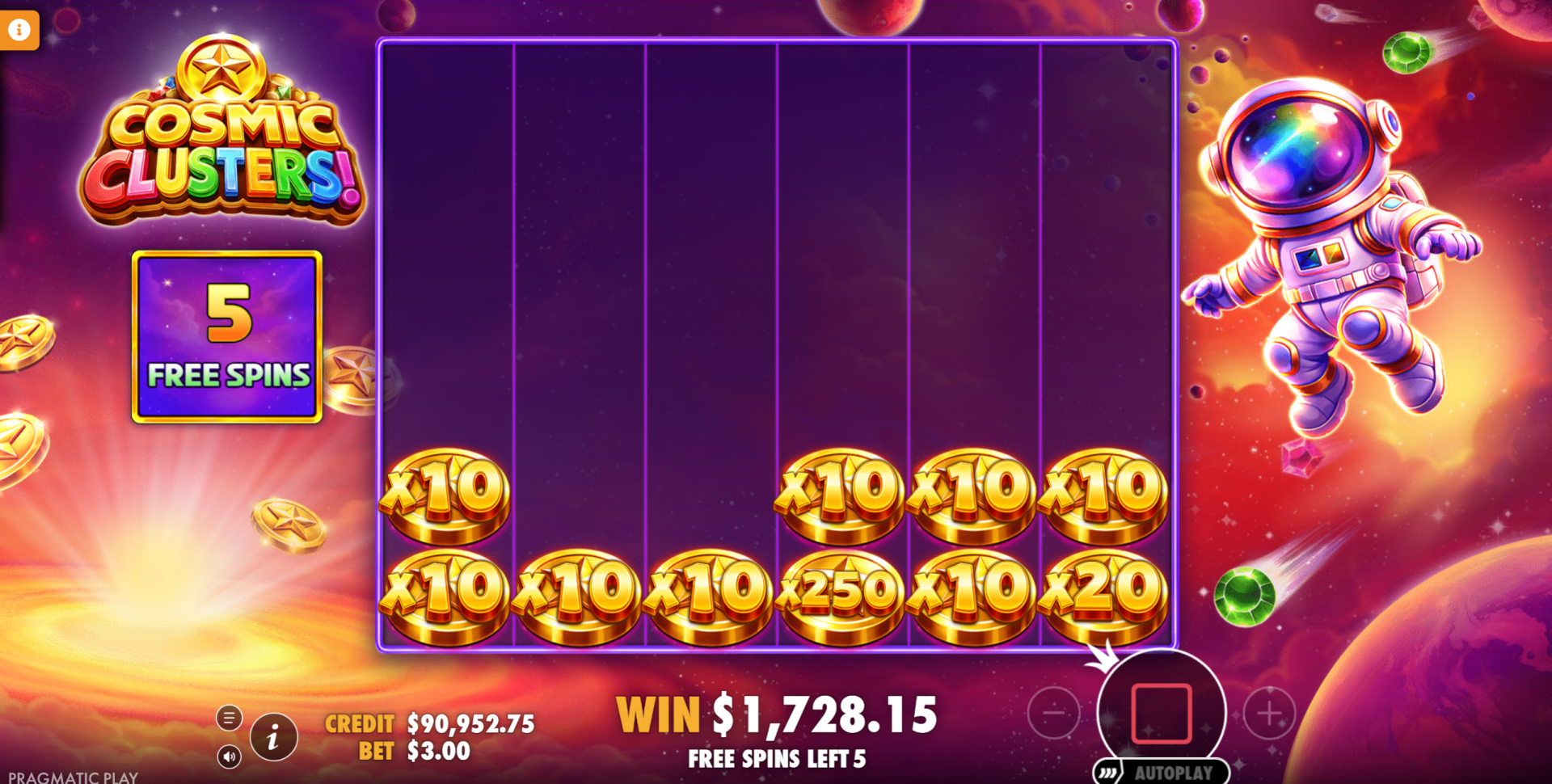 Cosmic Clusters Epic Free Spins bonus round with gold money symbols and high multipliers