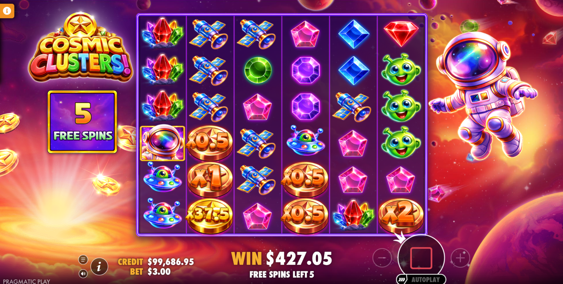 Cosmic Clusters regular Free Spins bonus with mixed money symbols and multipliers
