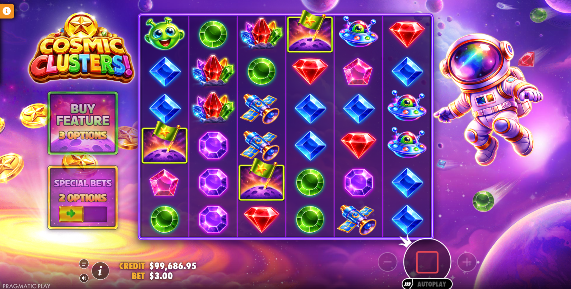 Cosmic Clusters scatter symbols on the 6x6 grid that trigger the free spins bonus