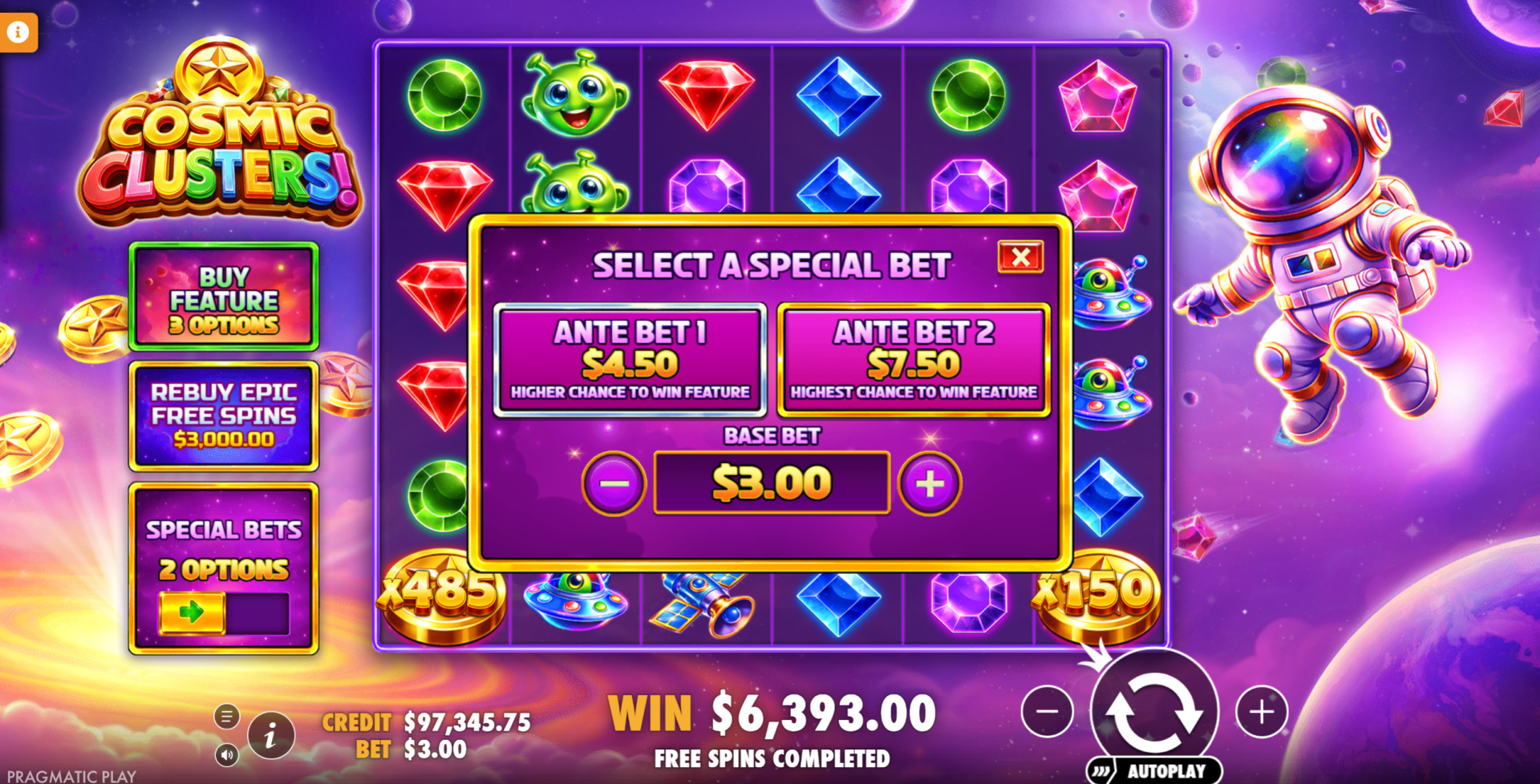 Cosmic Clusters Special Bets menu showing Ante Bet 1 and Ante Bet 2 options