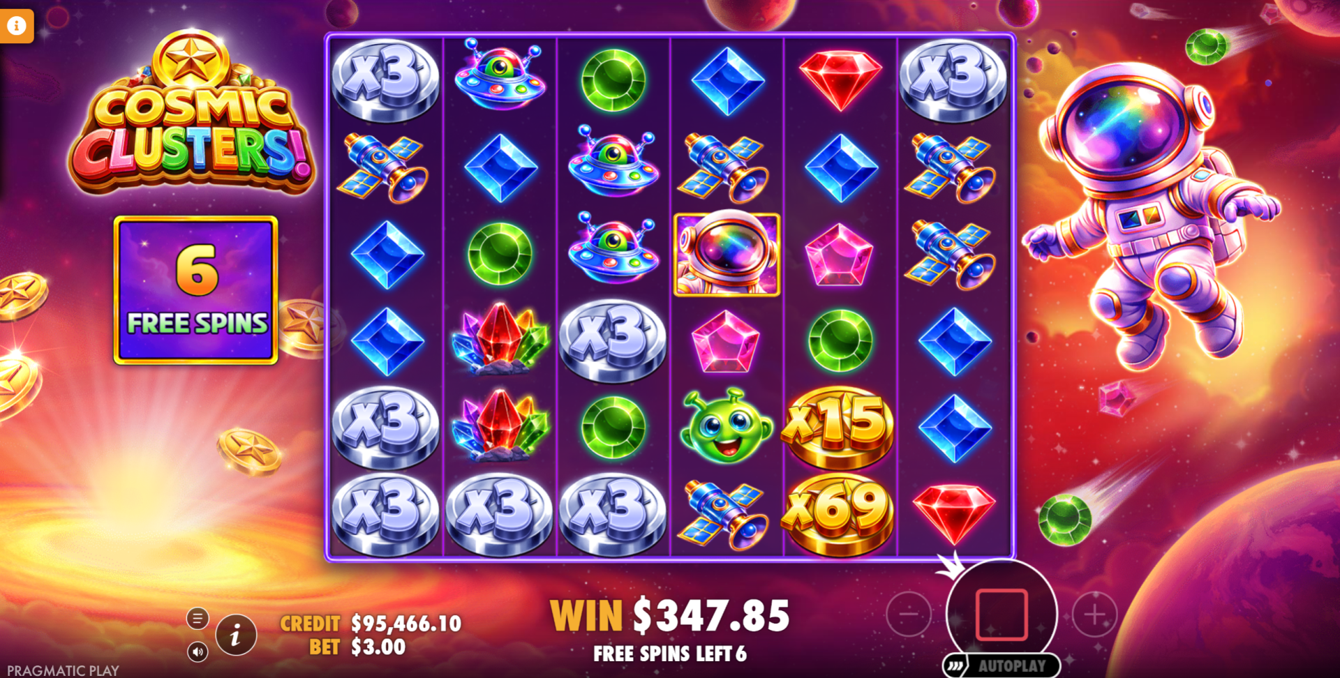 Cosmic Clusters Super Free Spins bonus with silver and gold coins delivering large multipliers