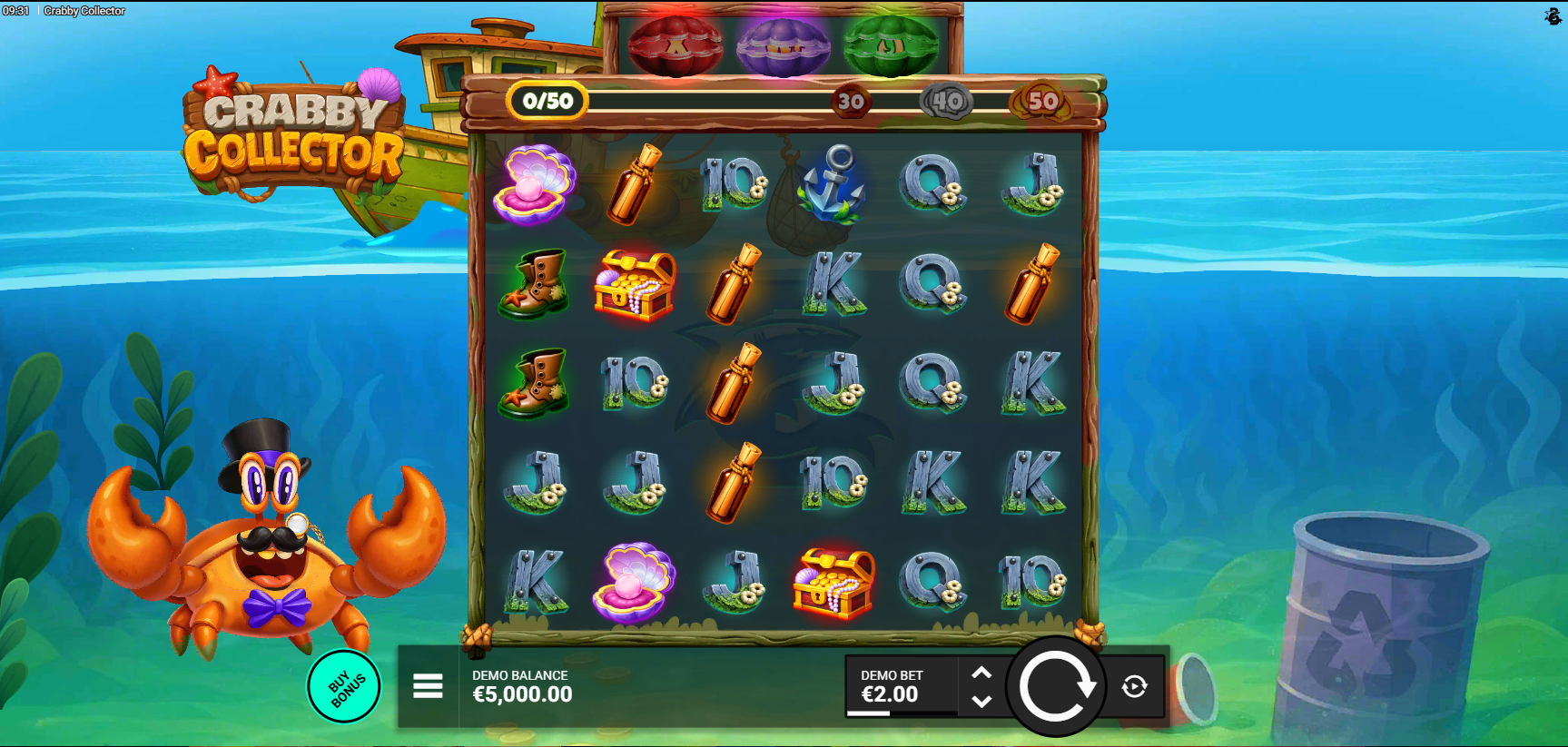 Crabby Collector base game showing the 6x5 all-scatter grid with ocean theme