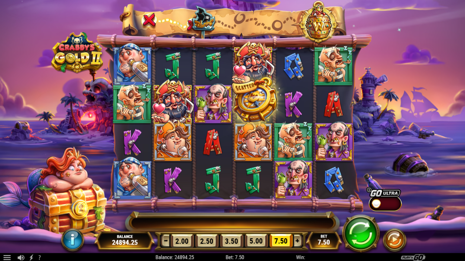 Crabby's Gold II base game showing 6-reel layout with coin and wild symbols
