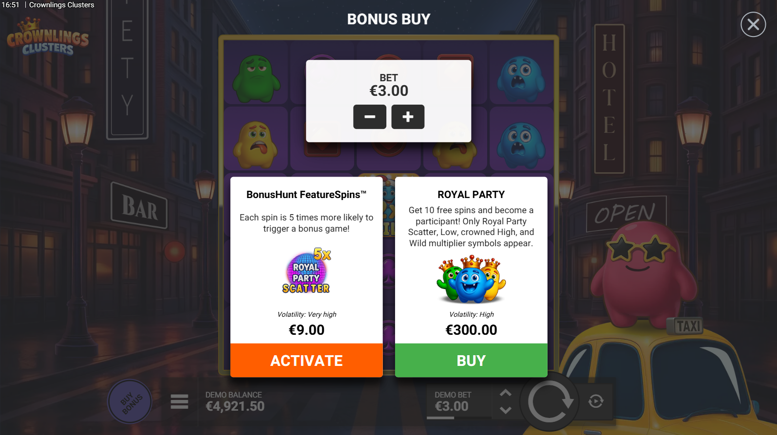 Crownlings Clusters bonus buy options menu showing BonusHunt FeatureSpins and Royal Party