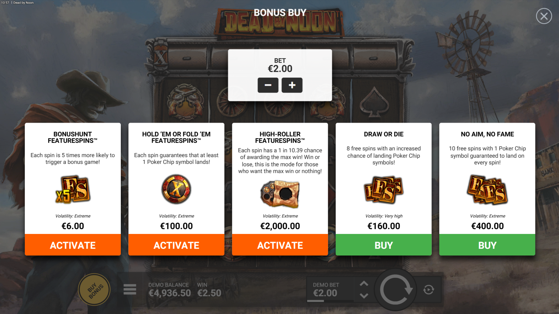 Dead By Noon bonus buy options showing FeatureSpins purchase menu