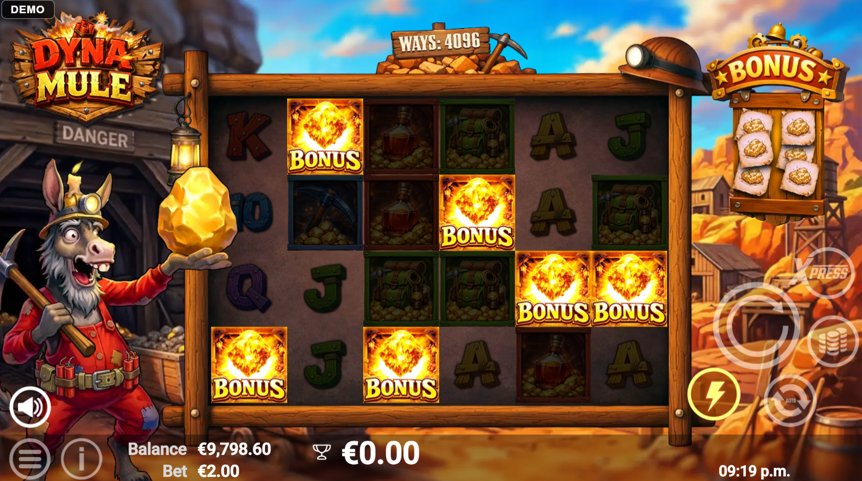 Dyna Mule max bonus win screen showing Wild Throw Feature Spin