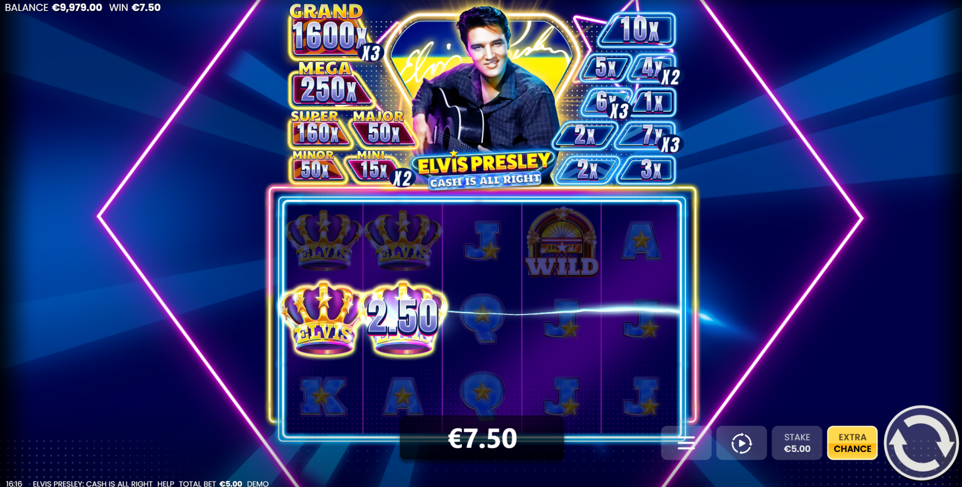 Elvis Presley: Cash is All Right base game - 5x3 reel grid with Cash Prize and Jackpot sectors