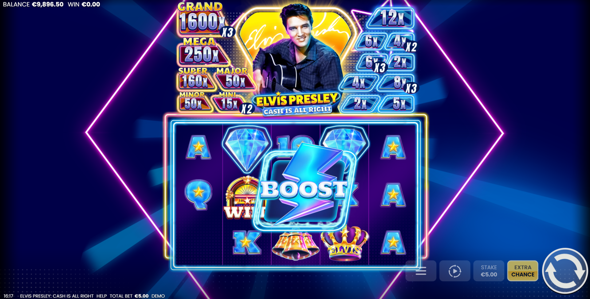 Elvis Presley: Cash is All Right Cash Boosters enhancing prize values above the reels