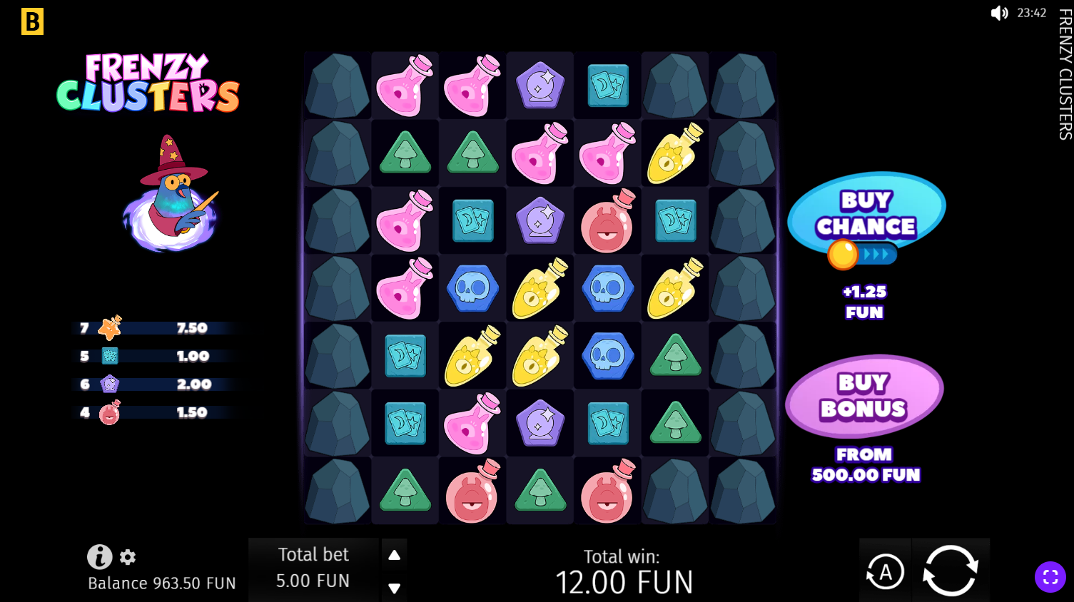 Frenzy Clusters base game showing cluster pays grid with hero character
