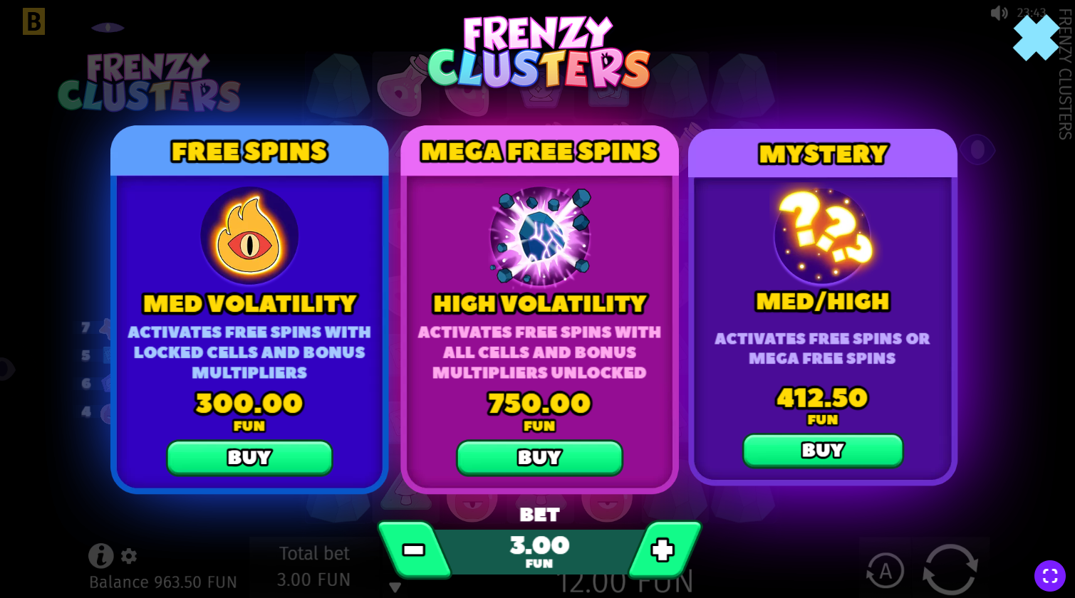 Frenzy Clusters bonus buy options including Free Spins, Mega Free Spins, and Mystery Bonus
