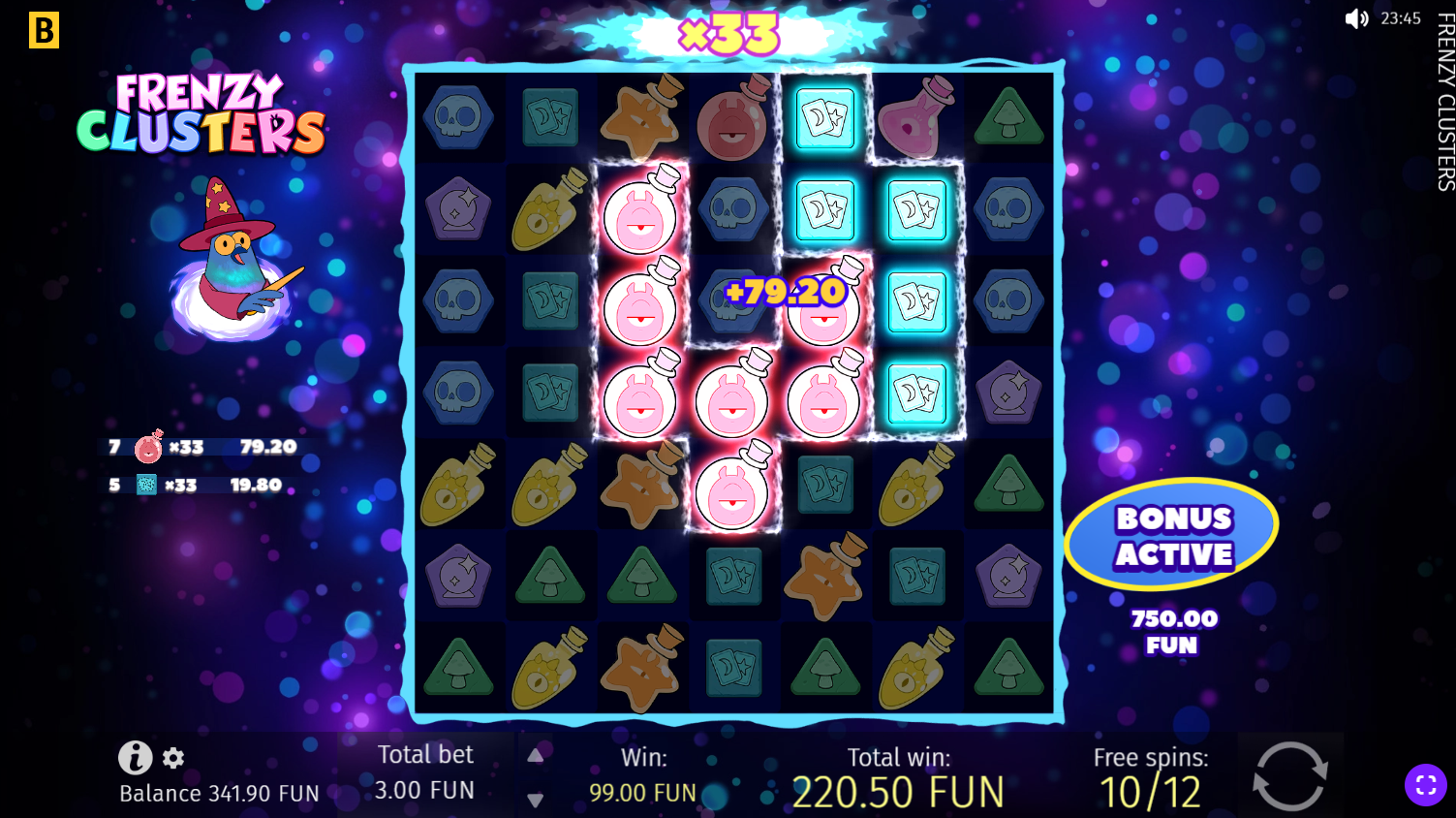 Frenzy Clusters Mega Free Spins with fully unlocked playfield and multipliers active