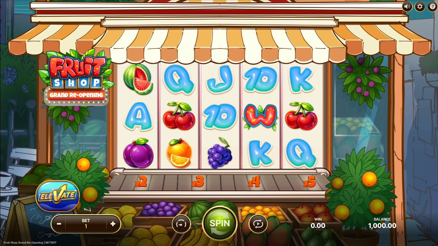 Fruit Shop Grand Re-Opening base game showing 5x3 reel grid with fruit symbols