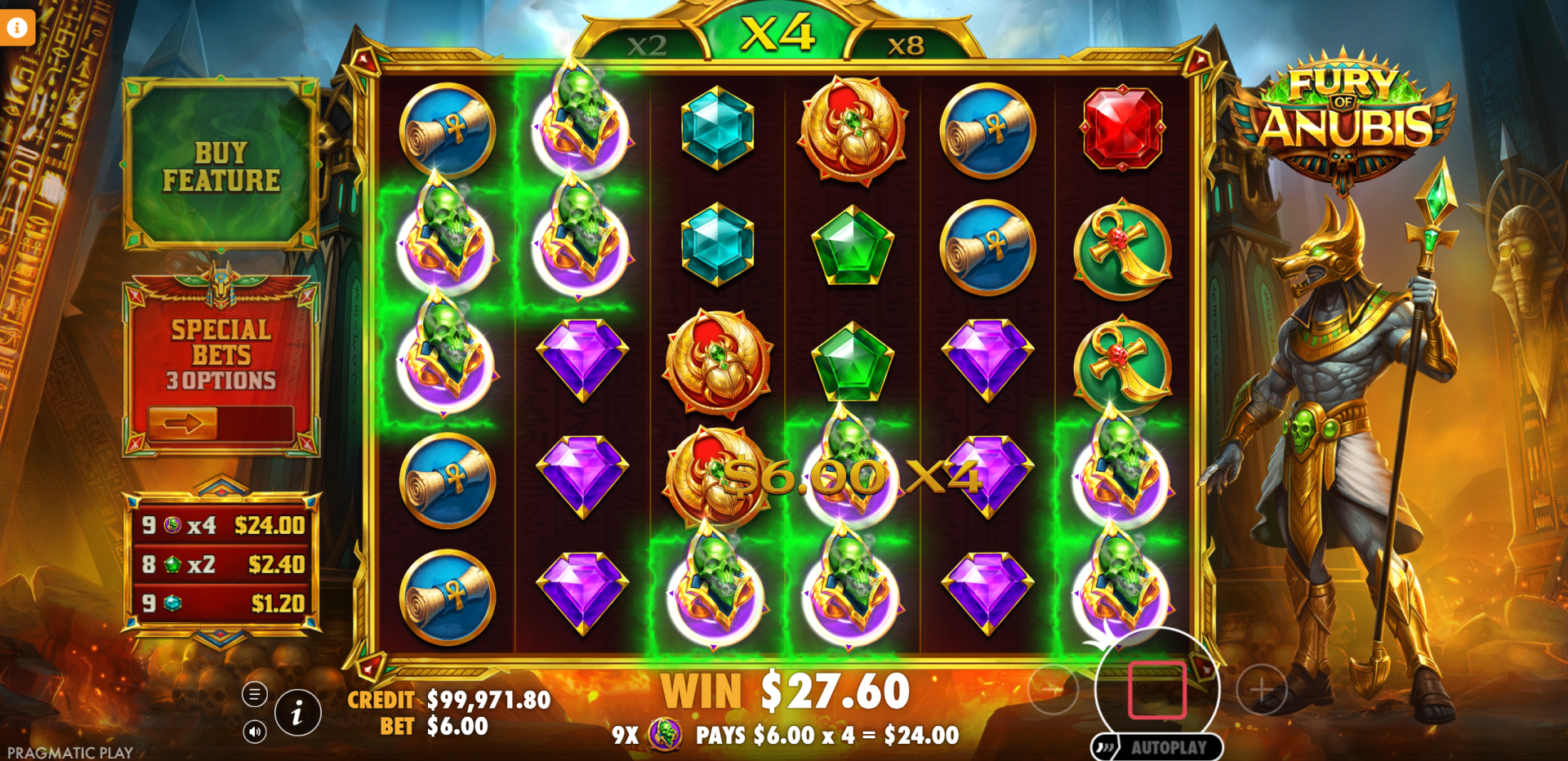 Fury of Anubis base game - 6x5 grid showing Pay Anywhere symbol layout