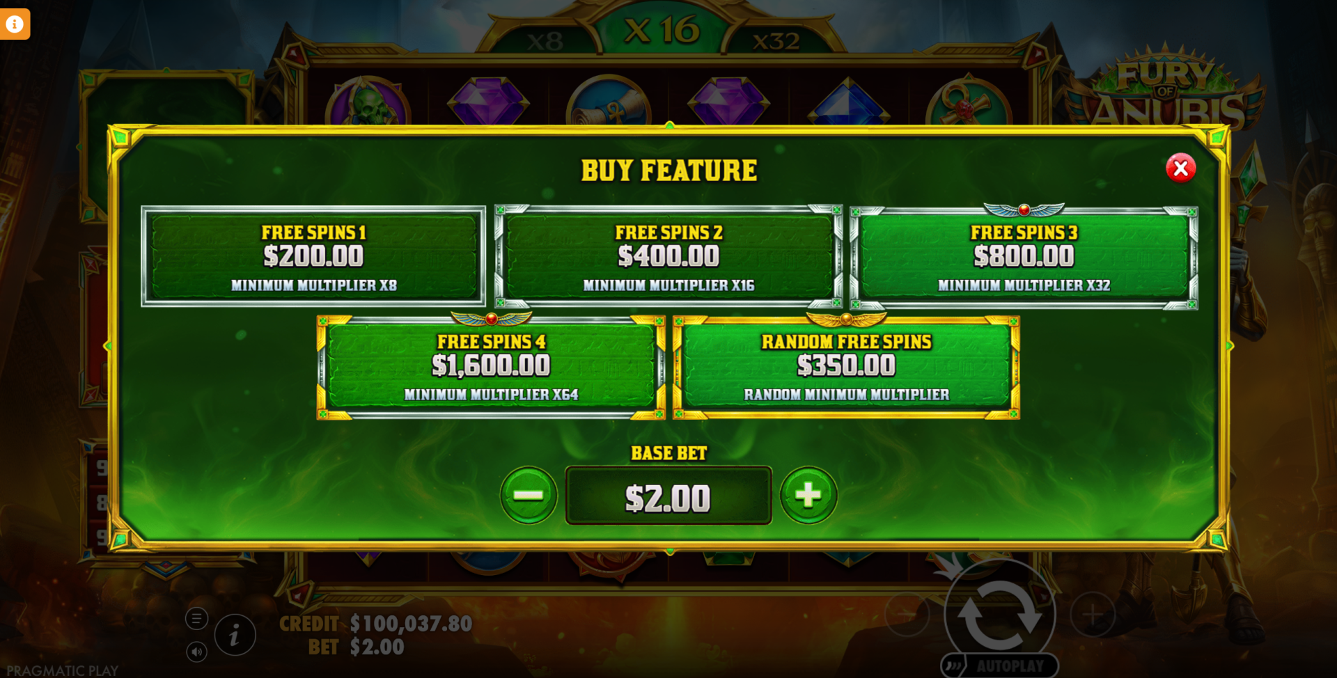 Fury of Anubis bonus buy options showing purchase tiers and costs