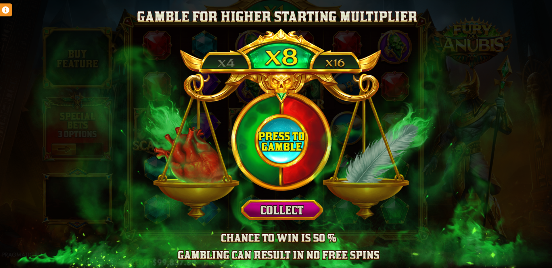 Fury of Anubis Free Spins gamble option screen