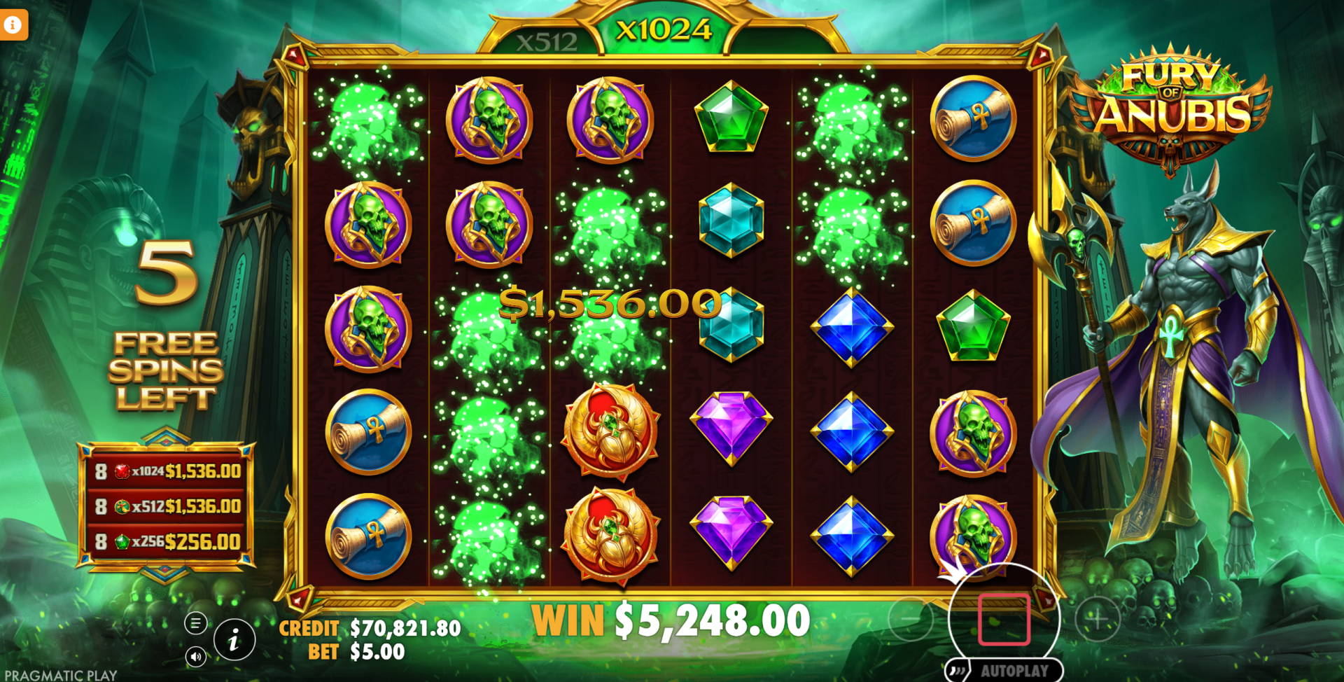 Fury of Anubis bonus round Free Spins feature