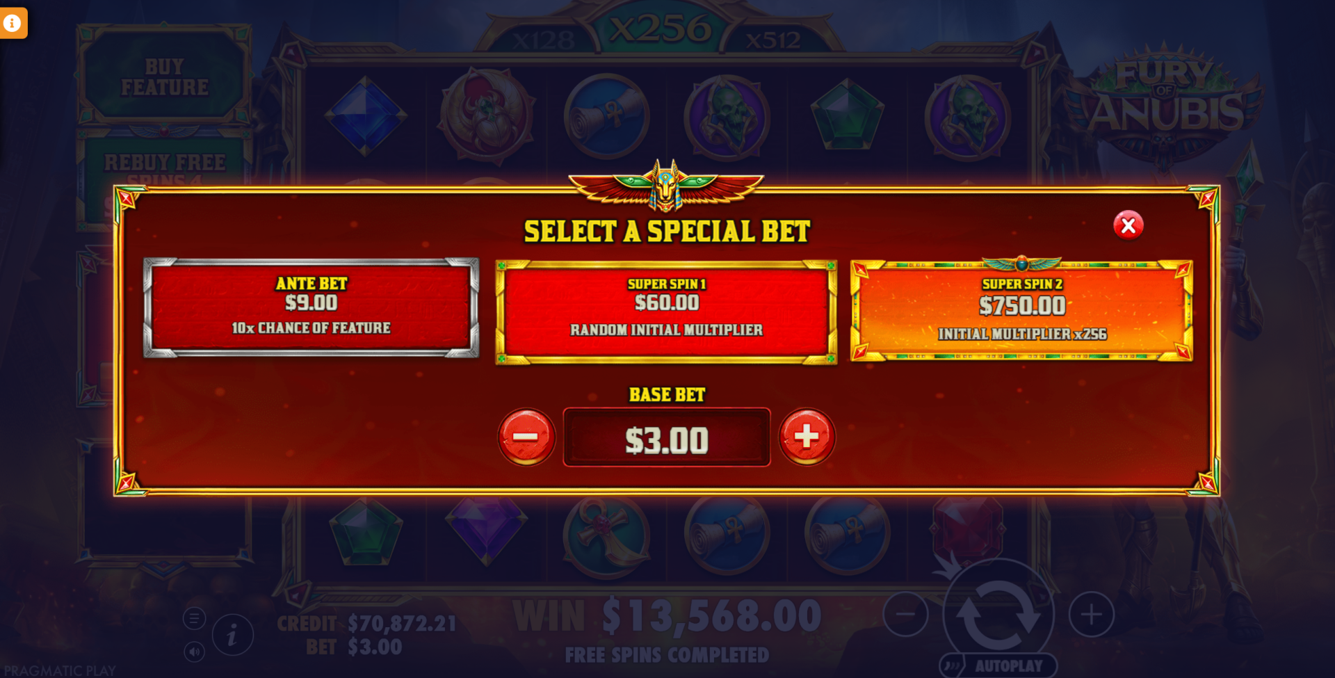 Fury of Anubis special bet options including Ante Bet