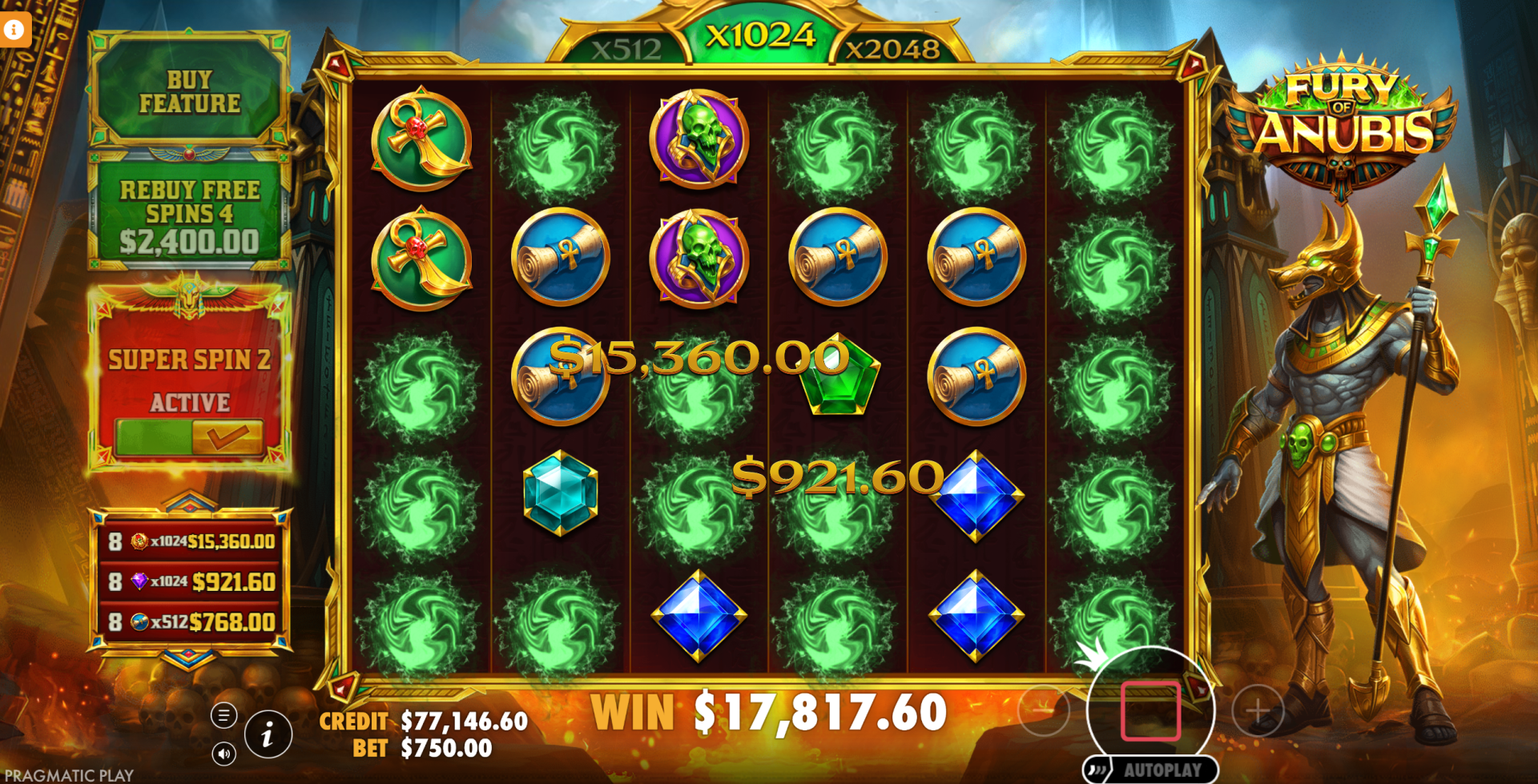 Fury of Anubis Super Spin big win showing DoubleMax multiplier in action