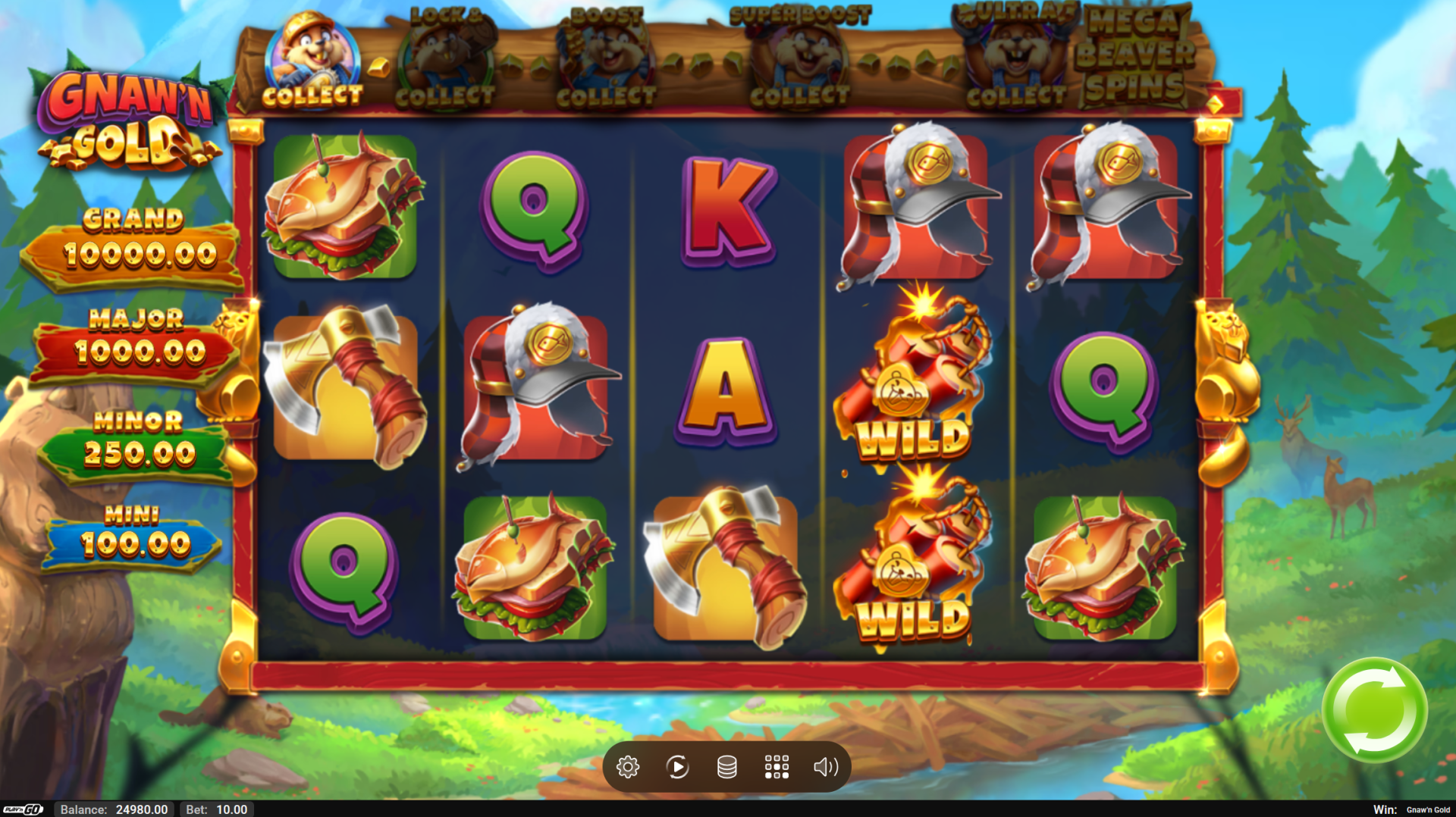 Gnaw'n Gold base game reels showing the forest setting and Golden Log symbols