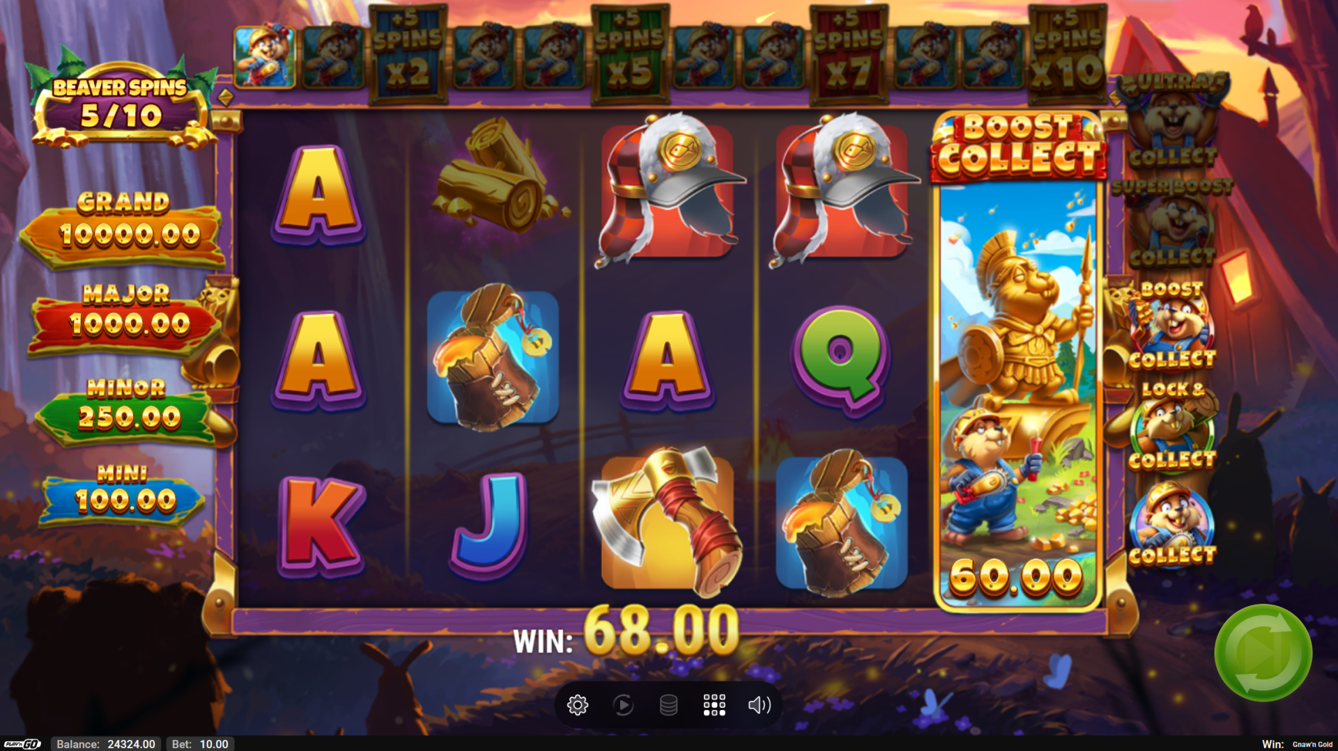 Gnaw'n Gold Boost Collect feature active during Beaver Spins bonus