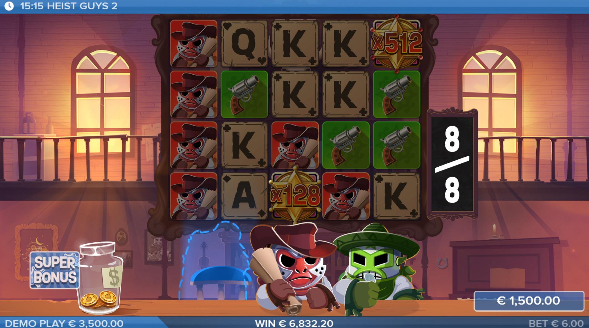 Heist Guys 2 Super Bonus gameplay showing high multipliers