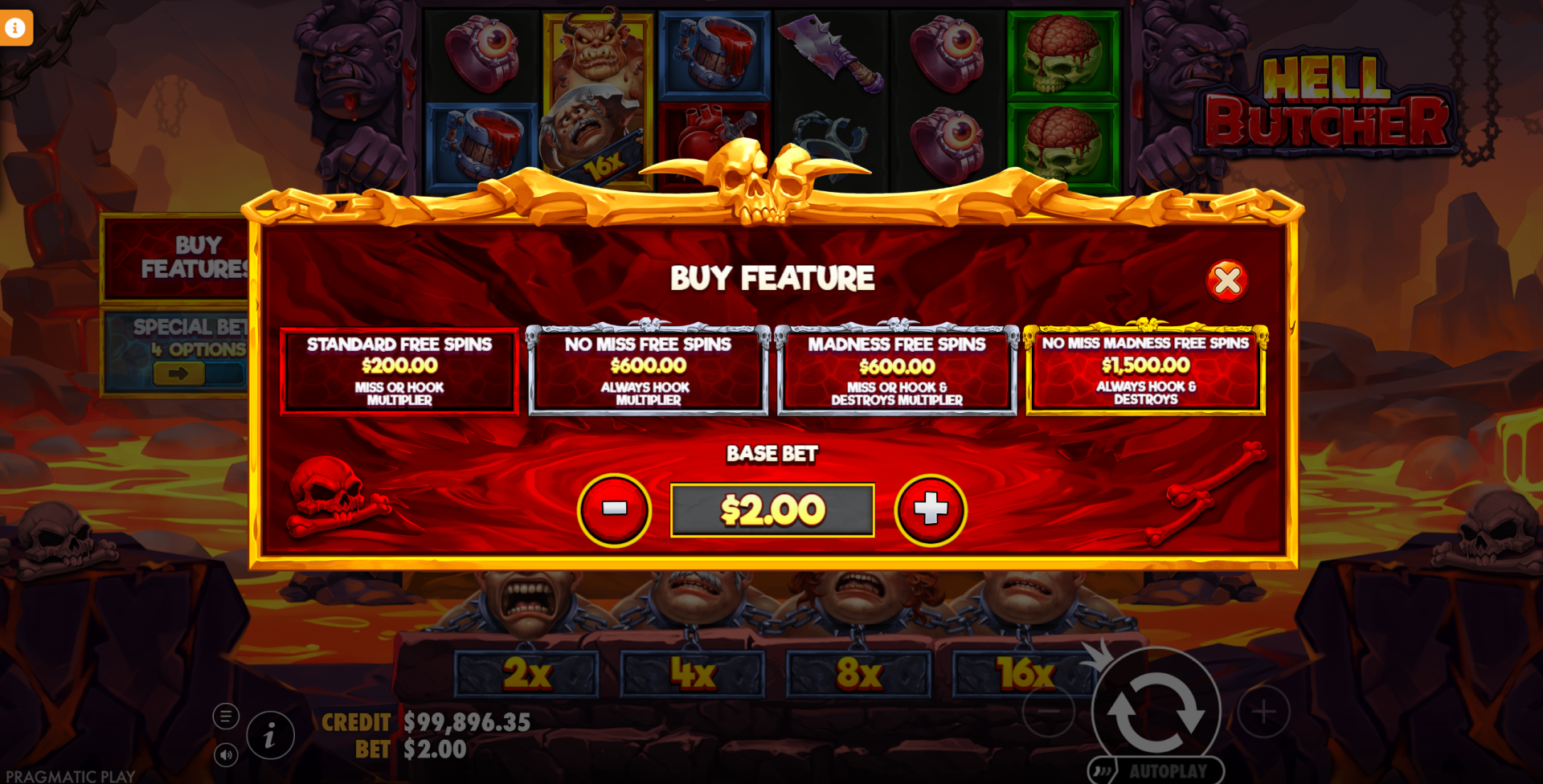 Hell Butcher bonus buy option interface showing 100x, 300x, and 750x purchase tiers