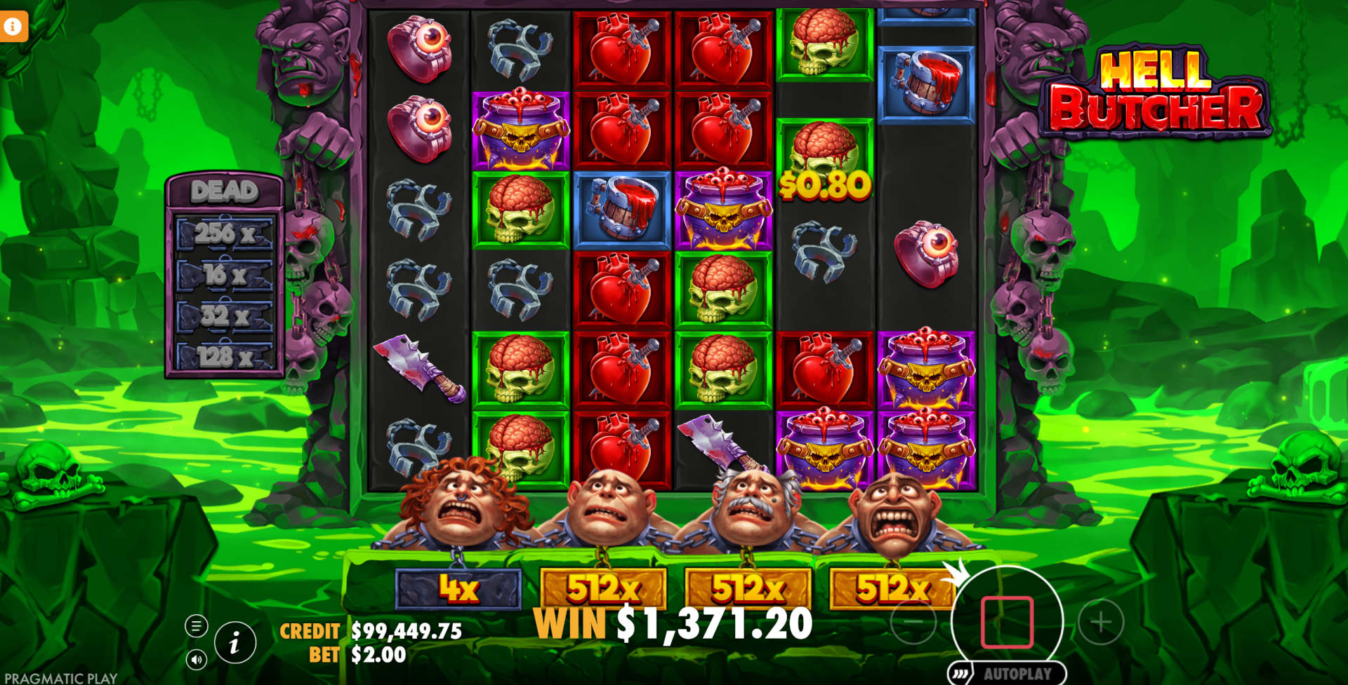 Hell Butcher No Miss Free Spins showing 512x multiplier symbols on the reels