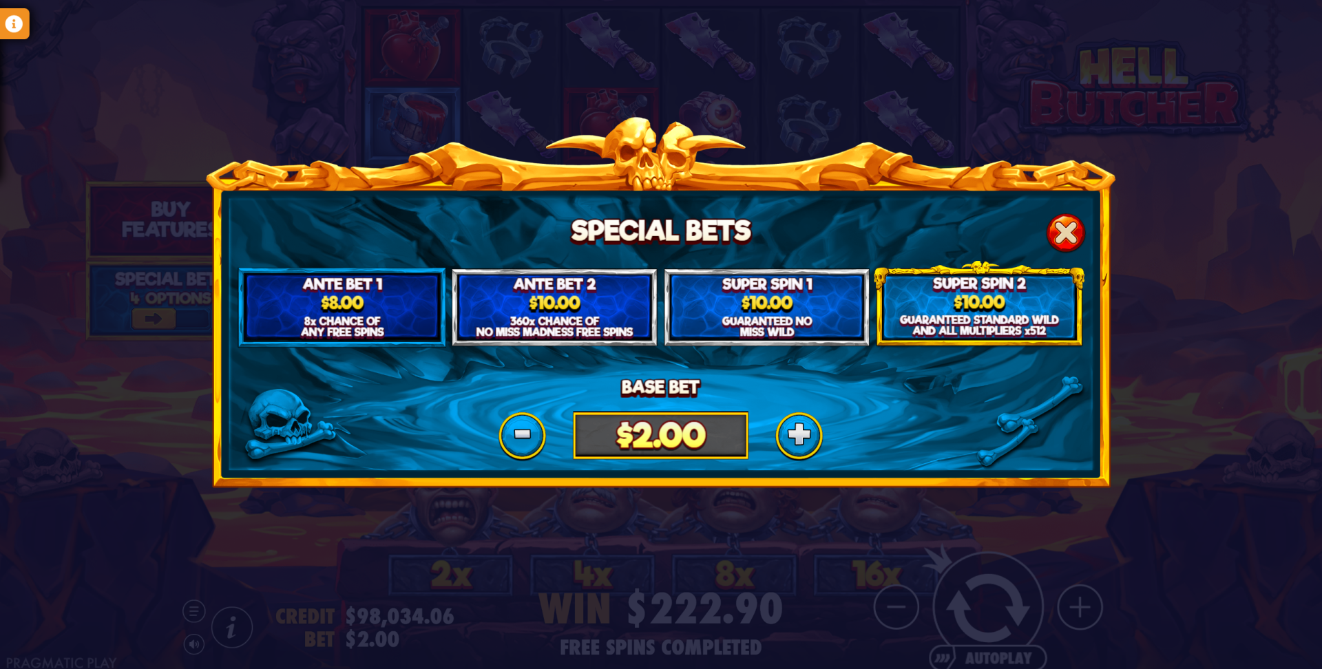 Hell Butcher special feature buy option showing the enhanced bonus game purchase tiers