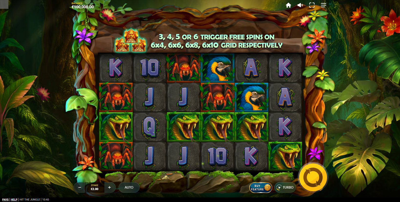 Hit the Jungle base game showing the 6x4 grid with jungle symbols