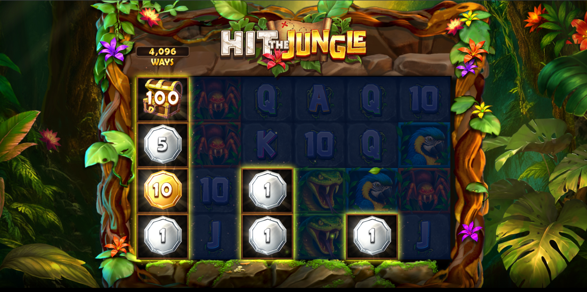 Hit the Jungle Lucky Coin feature win showing coin reveal prizes