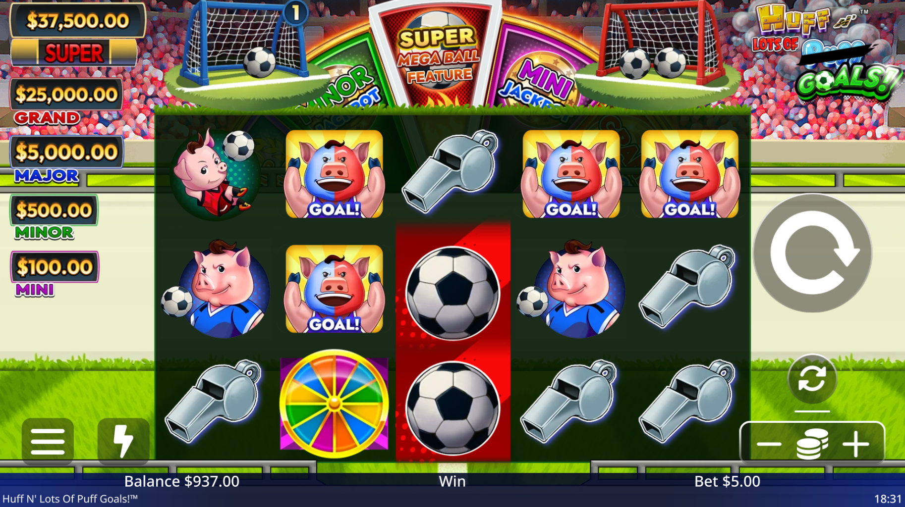Huff N Lots of Goals base game showing 5x3 reel grid with football symbols, whistle symbols and jackpot ladder