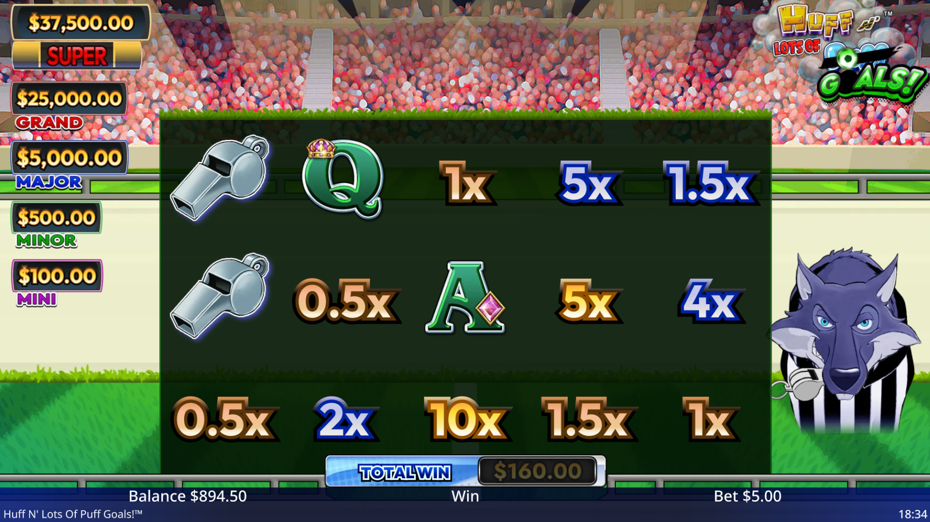 Huff N Lots of Goals free spins feature showing RED BALL symbols and framed positions