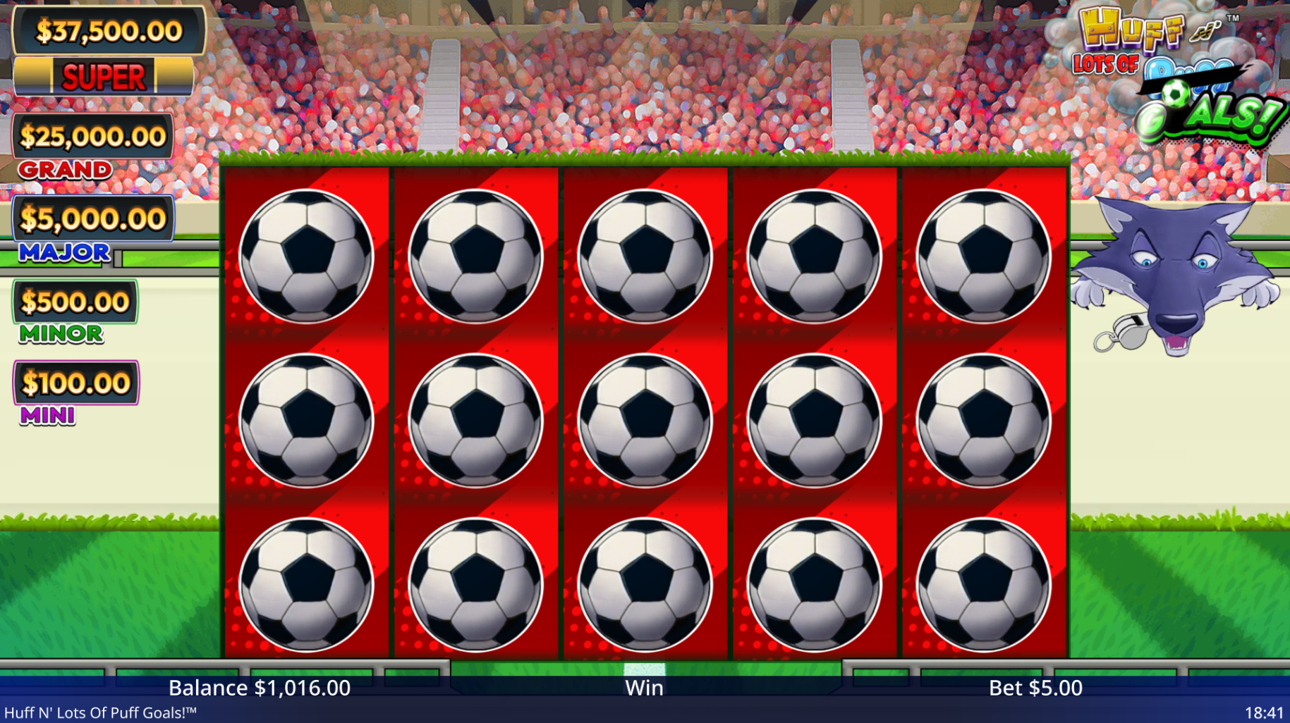 Huff N Lots of Goals Mega Ball feature showing giant football symbol covering the 5x3 grid