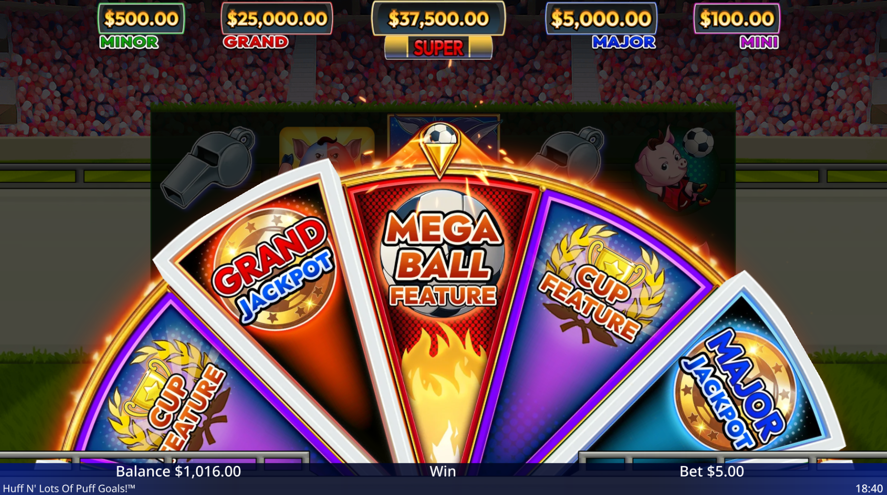 Huff N Lots of Goals Wheel Feature showing the upgradable prize wheel with jackpot wedges