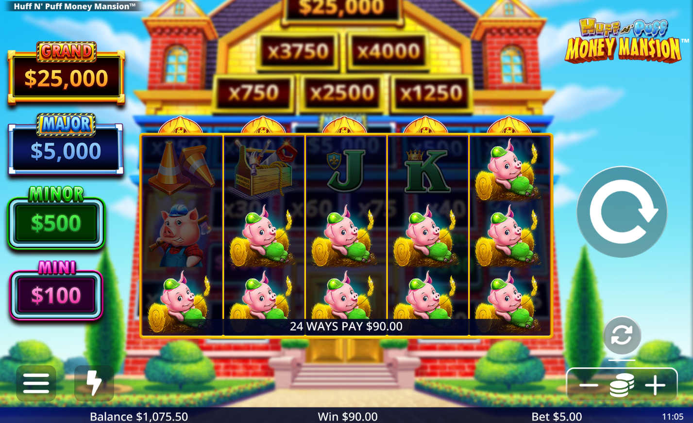 Huff N Puff Money Mansion base game showing the 5x3 reel grid with pig and wolf symbols