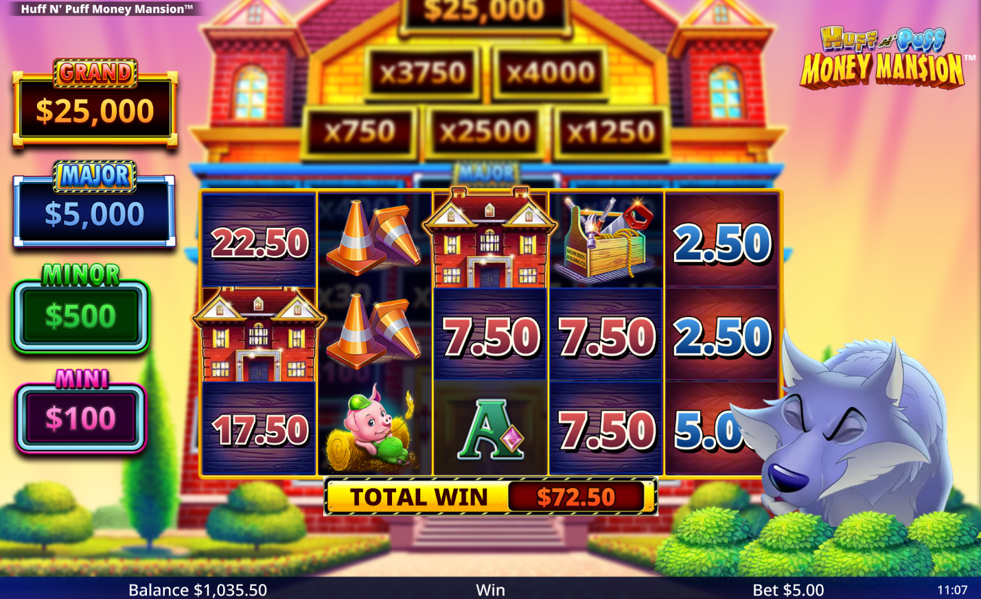 Huff N Puff Money Mansion bonus game screen