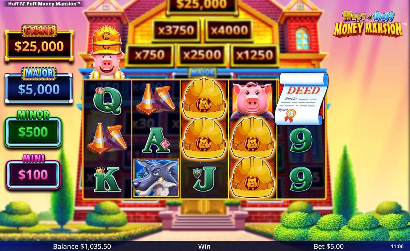 Huff N Puff Money Mansion Free Spins feature with expanded grid