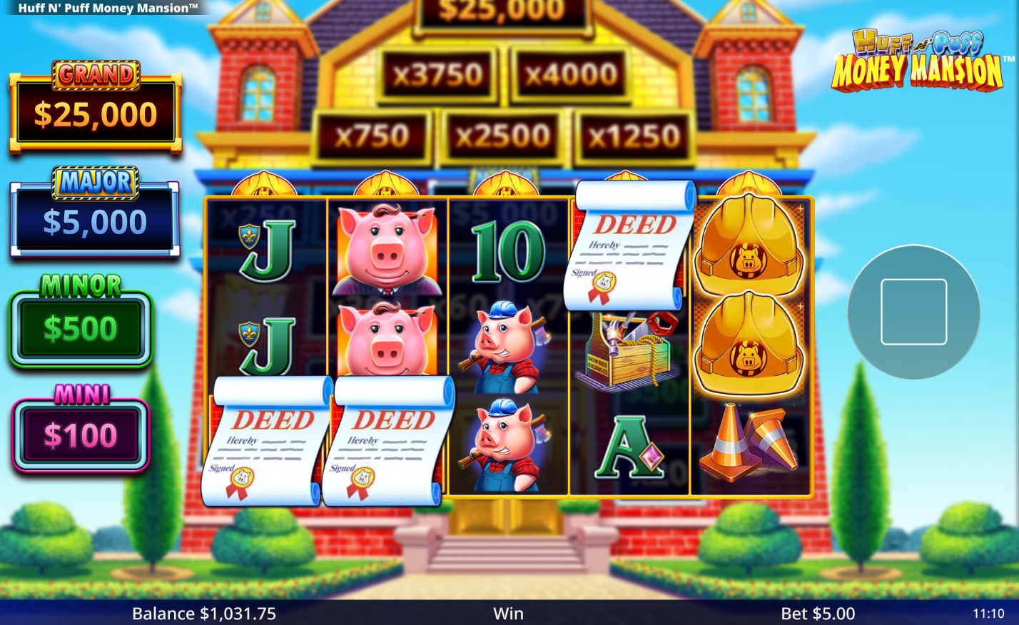 Huff N Puff Money Mansion - Money Mansion Feature prize board showing Gold, Blue, and Bottom zones