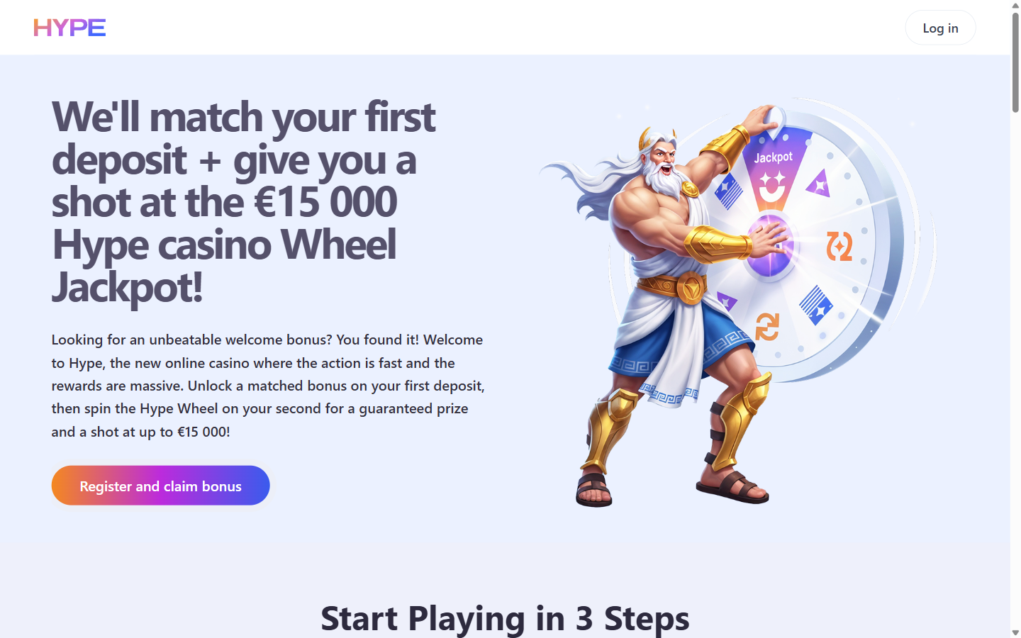HypeKasino homepage promotion offering a first-deposit match and a shot at the €15,000 Hype Wheel jackpot with a Register and claim bonus button