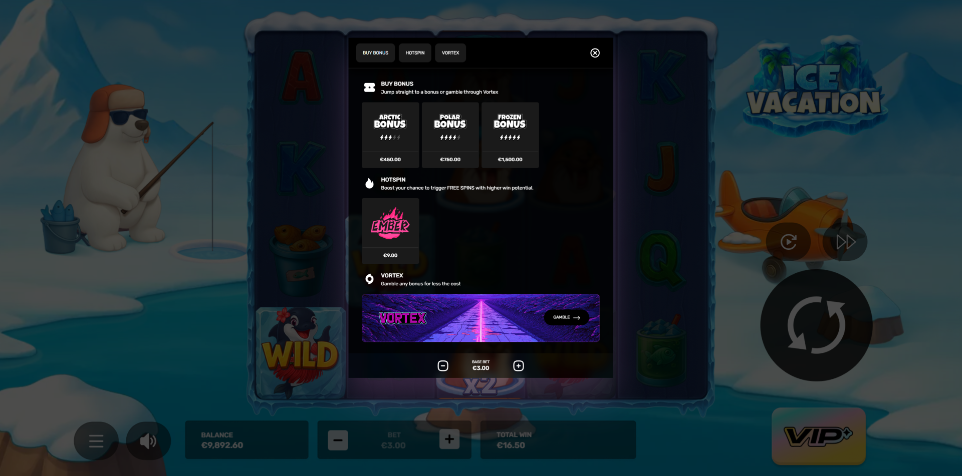 Ice Vacation Bonus Buy options screen showing 150x, 250x, and 500x purchase options