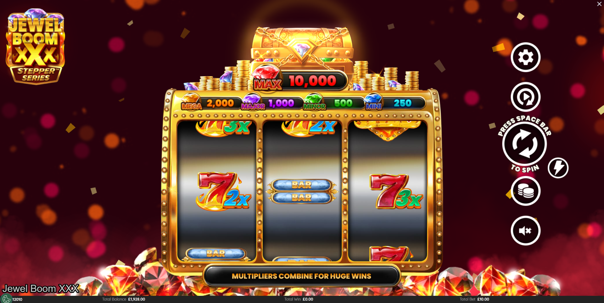 Jewel Boom XXX base game showing 3x3 stepper reels
