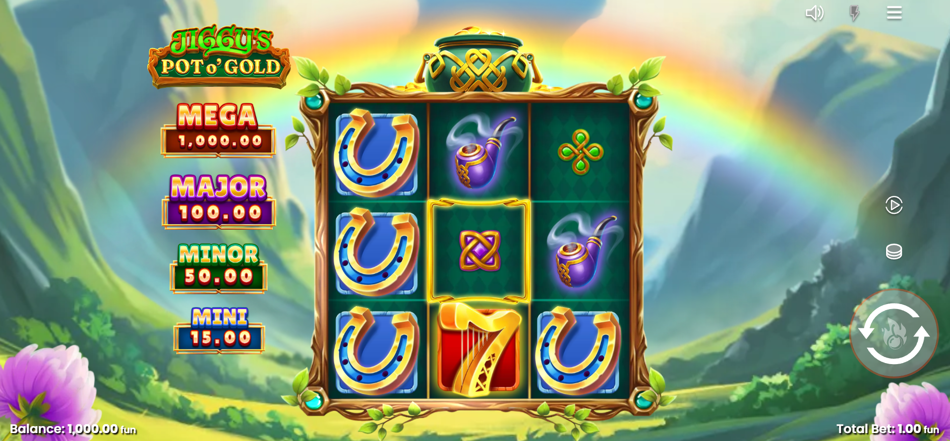 Jiggy's Pot O'Gold base gameplay showing the 3x3 grid with Irish symbols and four jackpot level indicators